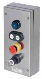 Ex-control unit GHG 414, 1 x signal lamp SIL, 1 x double pushbutton DDT, 1 x mushroom-head pushbutton SGT, 1 x key operated switch SLS